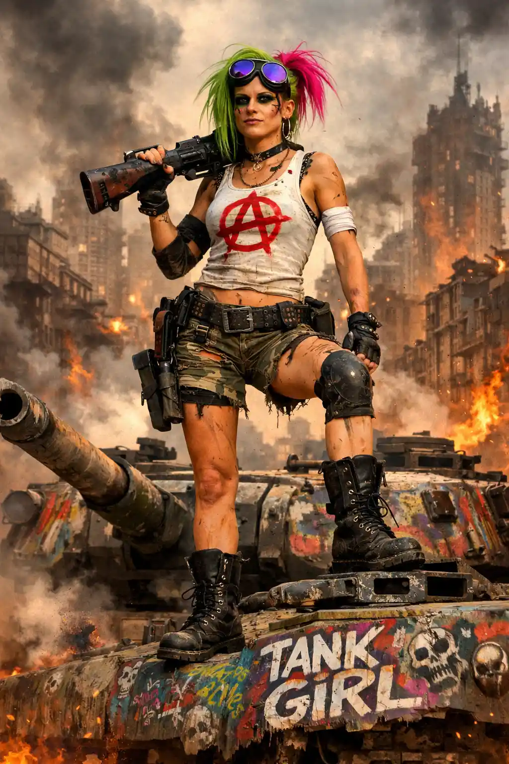 Punk warrior woman standing on graffiti tank in dystopian city