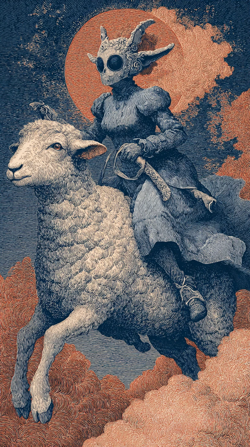 Surreal star woman riding a flying sheep at night