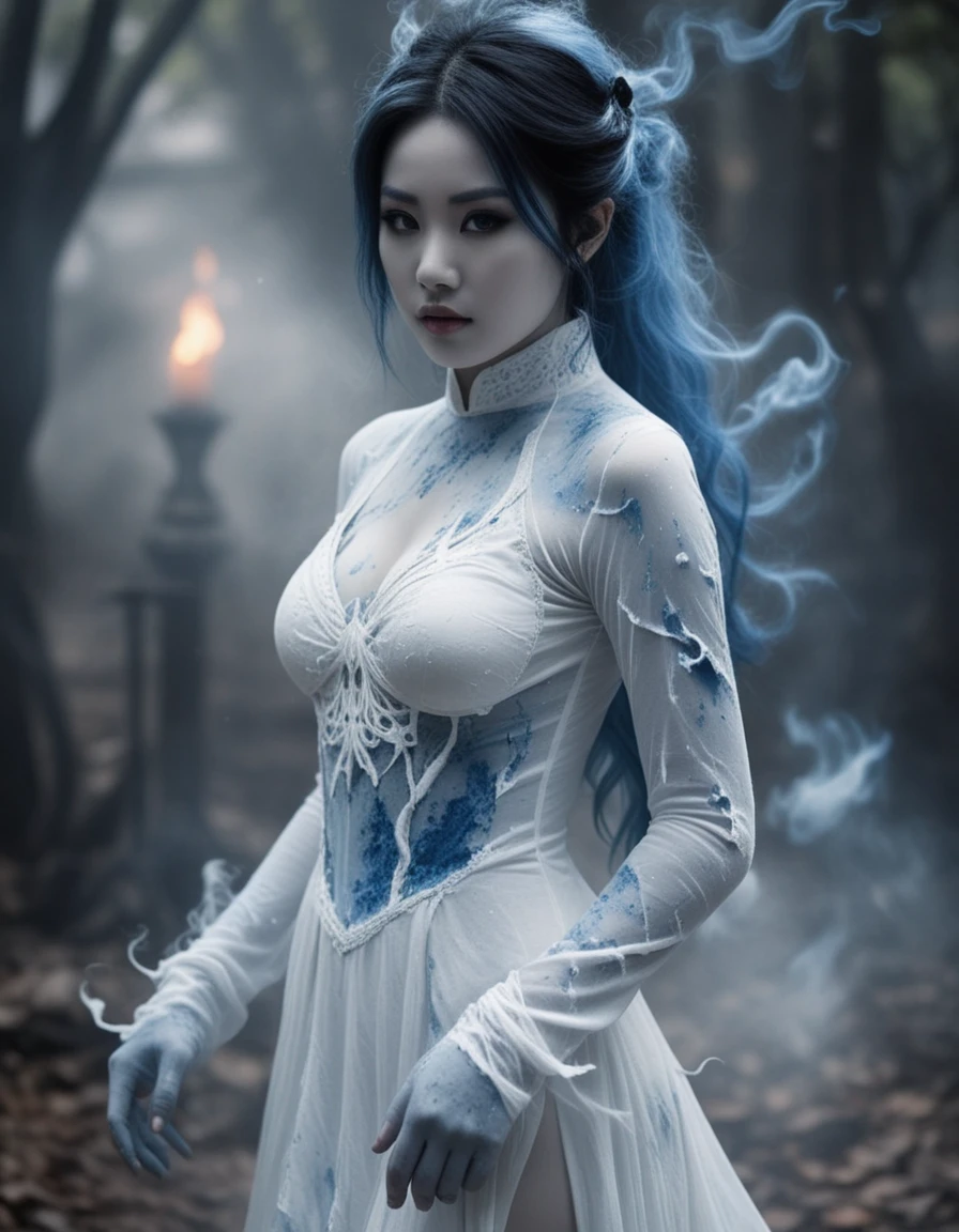Vietnamese ghost woman in torn dress amid blue flames
