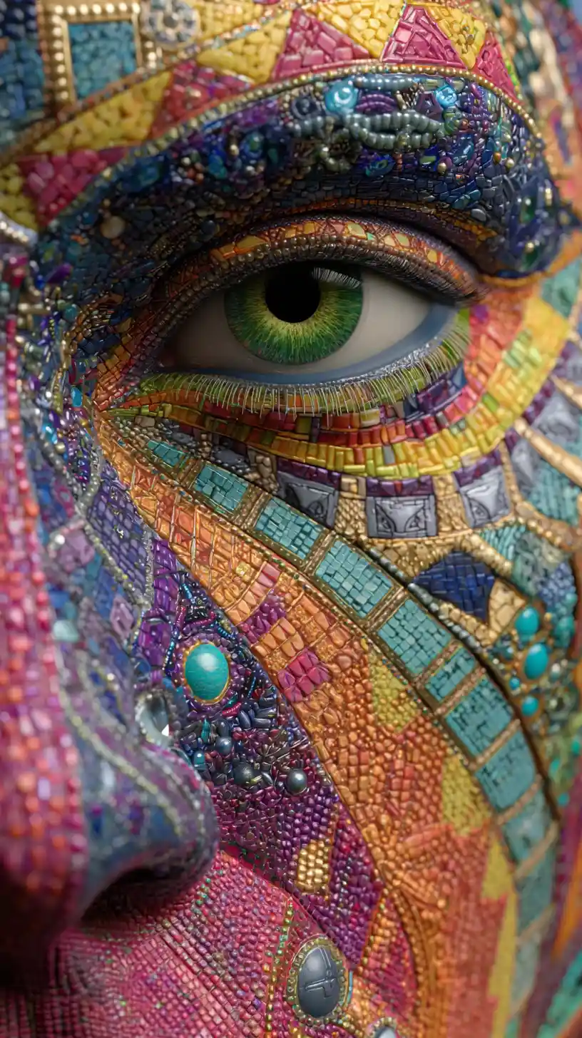 Gros plan extrême d’un visage en mosaïque avec œil vert vif