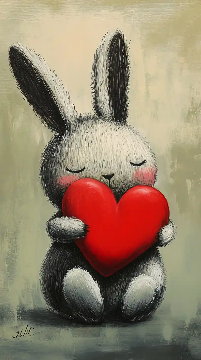 Fluffy cartoon animal hugging a bright red heart