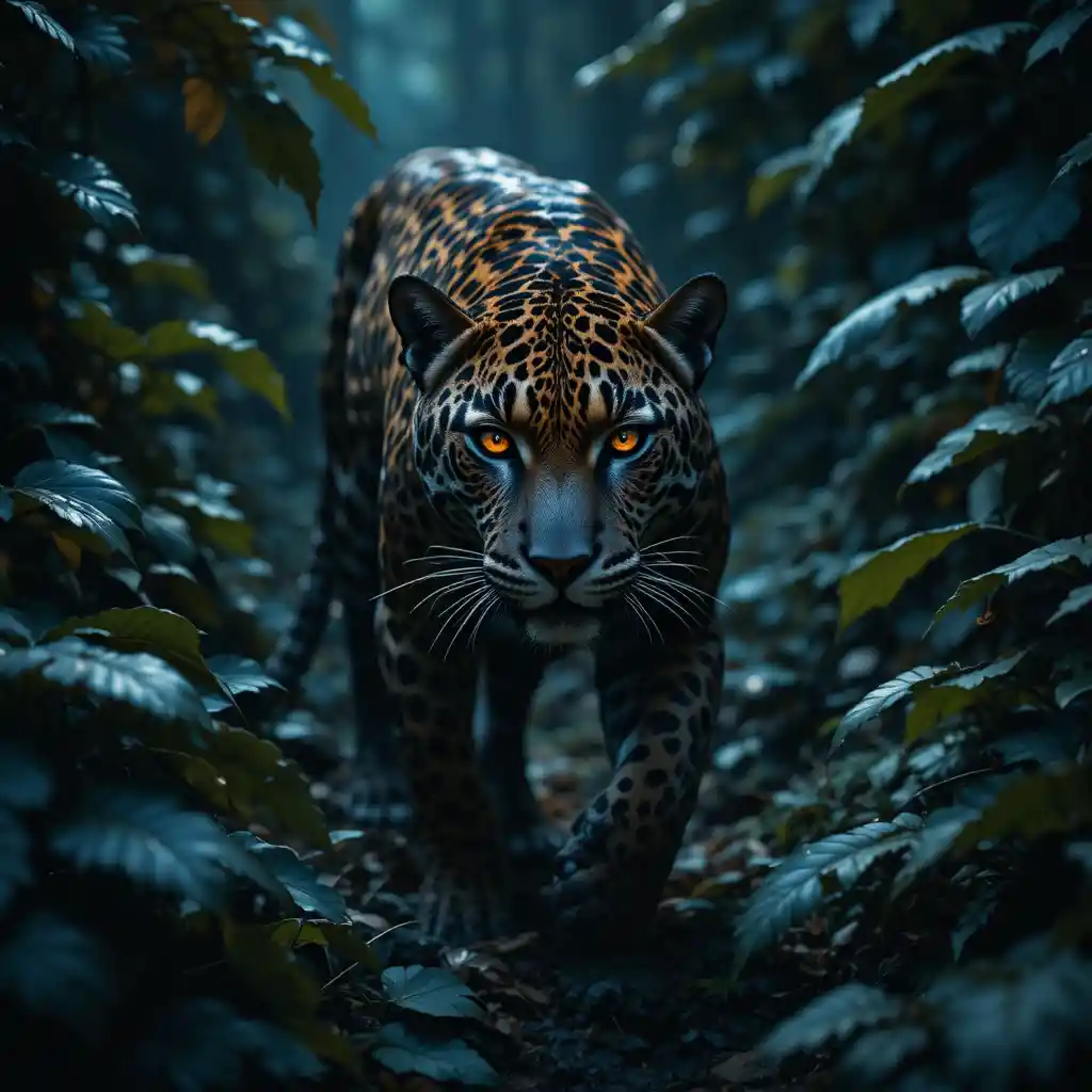 Jaguar emerging from jungle shadows with glowing eyes
