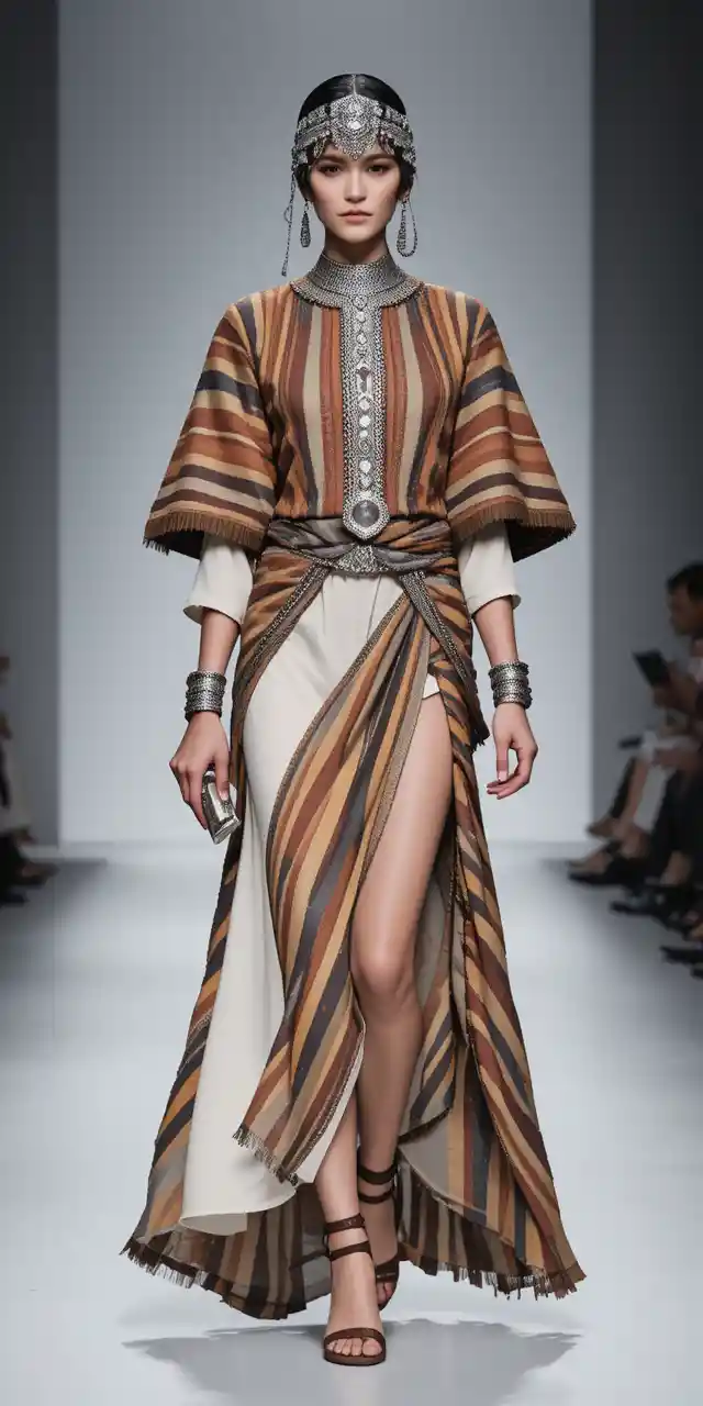 Runway model in ornate silver headpiece and striped earth tone outfit