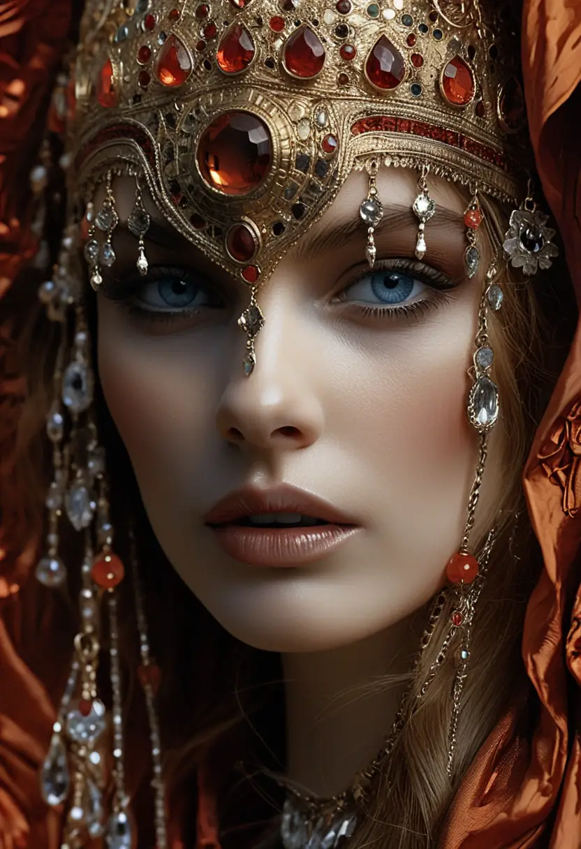 Regal close up of a blue eyed woman in jeweled crown