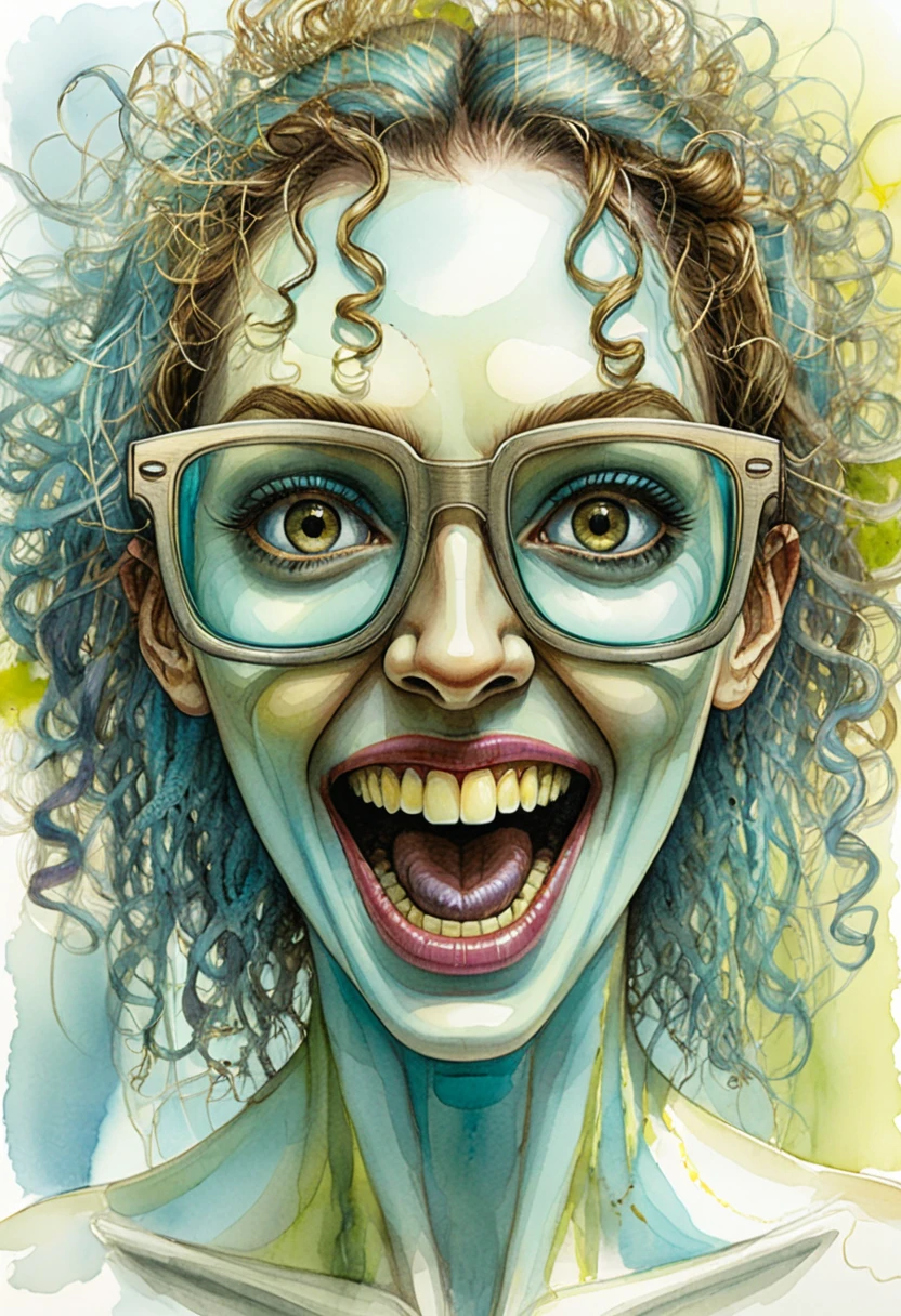 Surreal scribble faced woman with cracked teal glasses