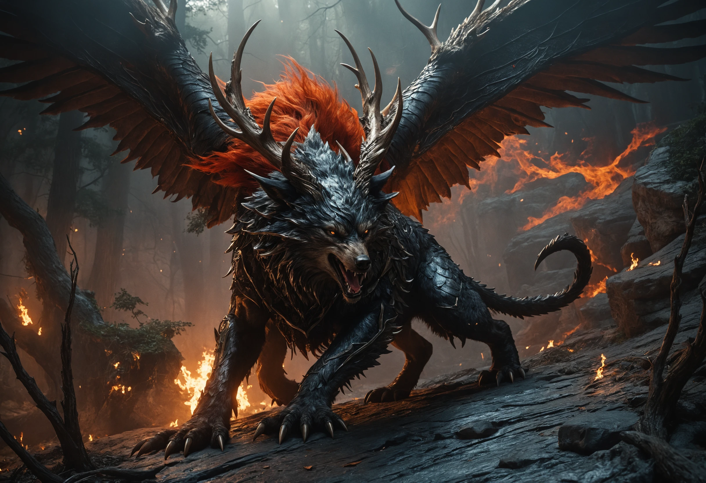 Quimera mítica de lobo y dragón coronada con astas en la noche