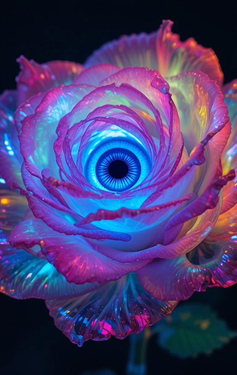 Rosa surreal luminosa con un único ojo azul en el centro