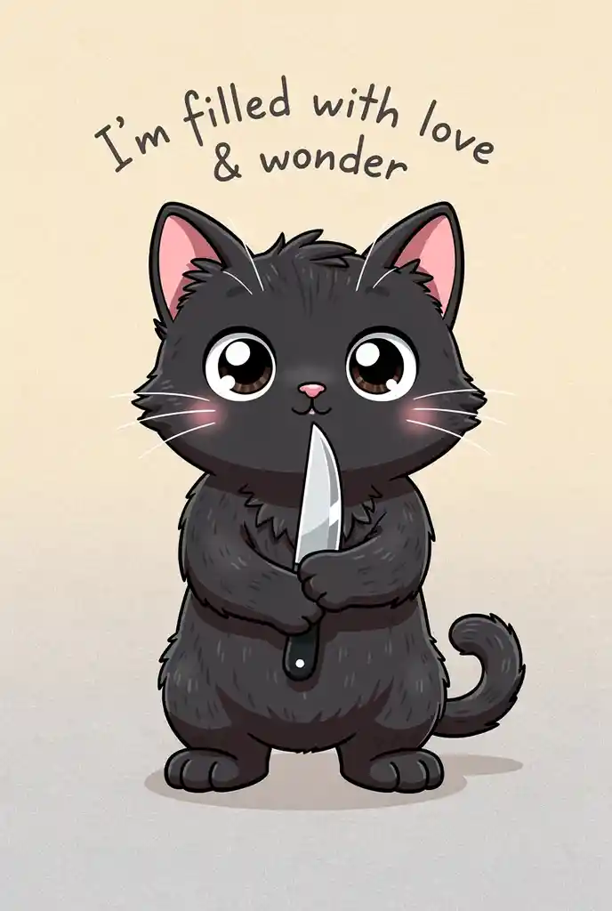 ナイフを持って立つ黒い猫のイラストと太字テキスト
