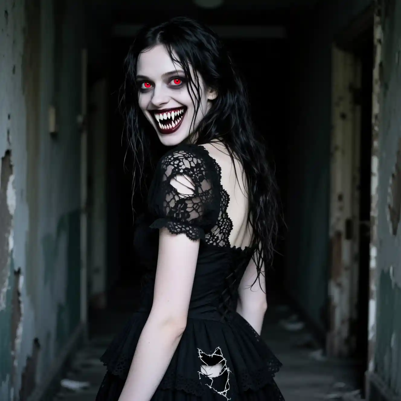 Donna con sorriso mostruoso in un abito di pizzo nero strappato