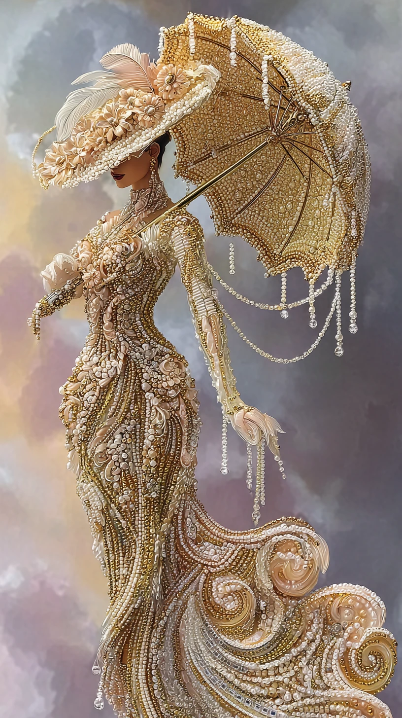 Opulent Pearl And Gold Fantasy Woman With Beaded Parasol
