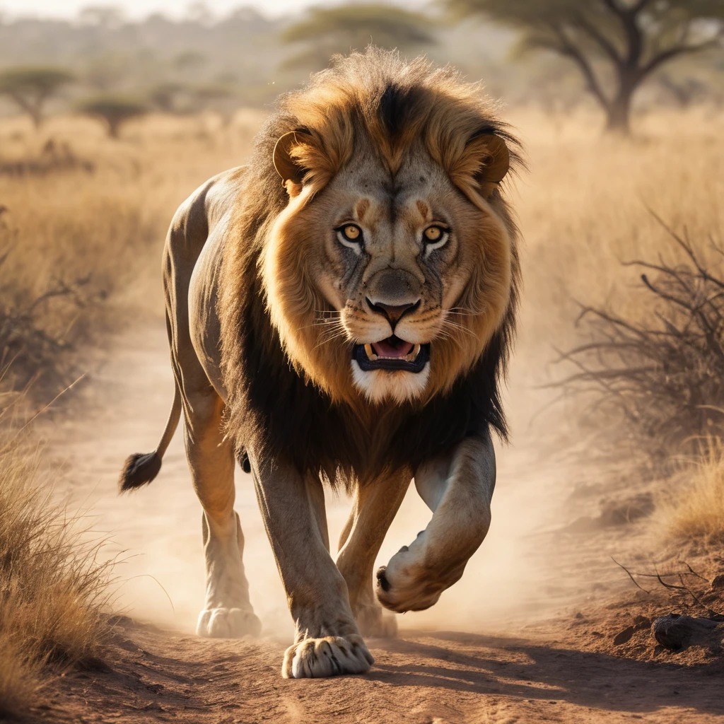 León embistiendo persigue a un ñu en la polvorienta sabana al atardecer