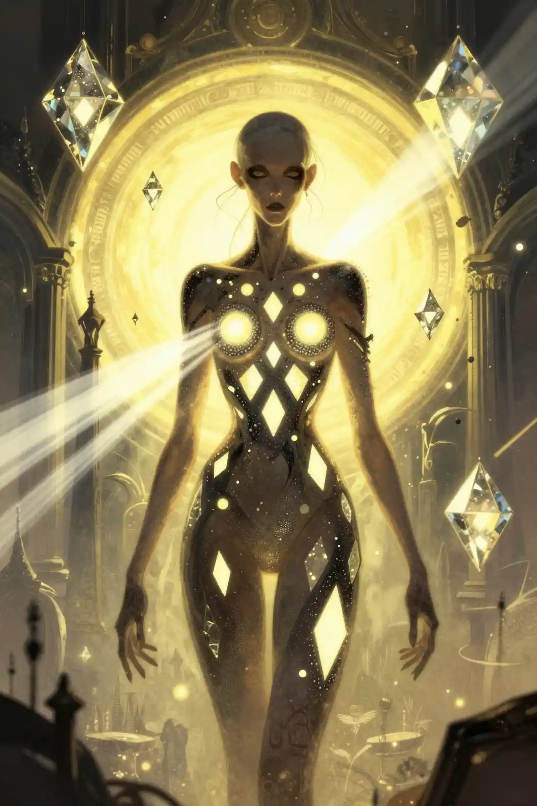 Schlanke Fantasy-Heldin mit strahlendem geometrischem Lichtspiel