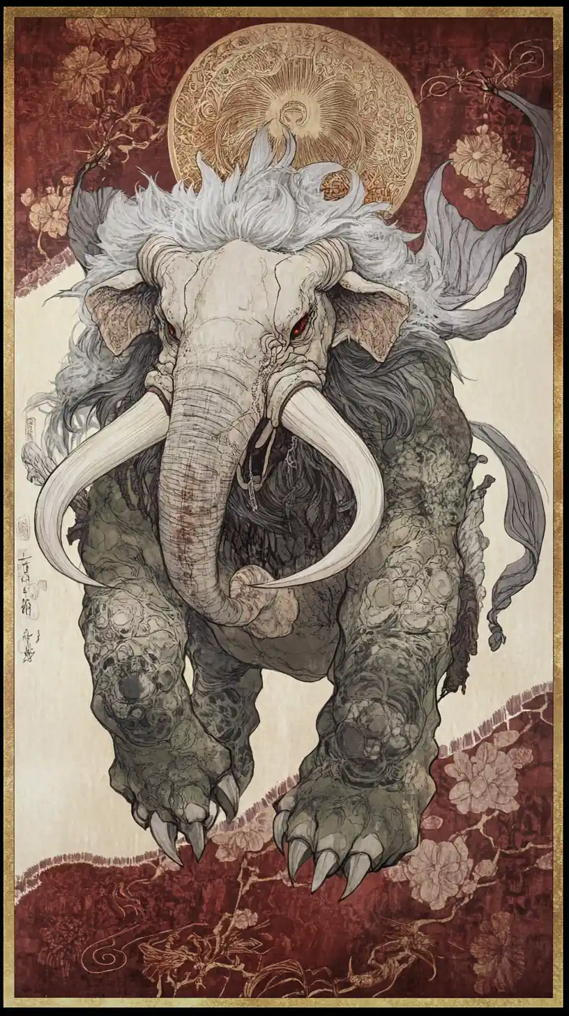 Quimera mítica baku con cabeza de elefante y cuerpo de oso