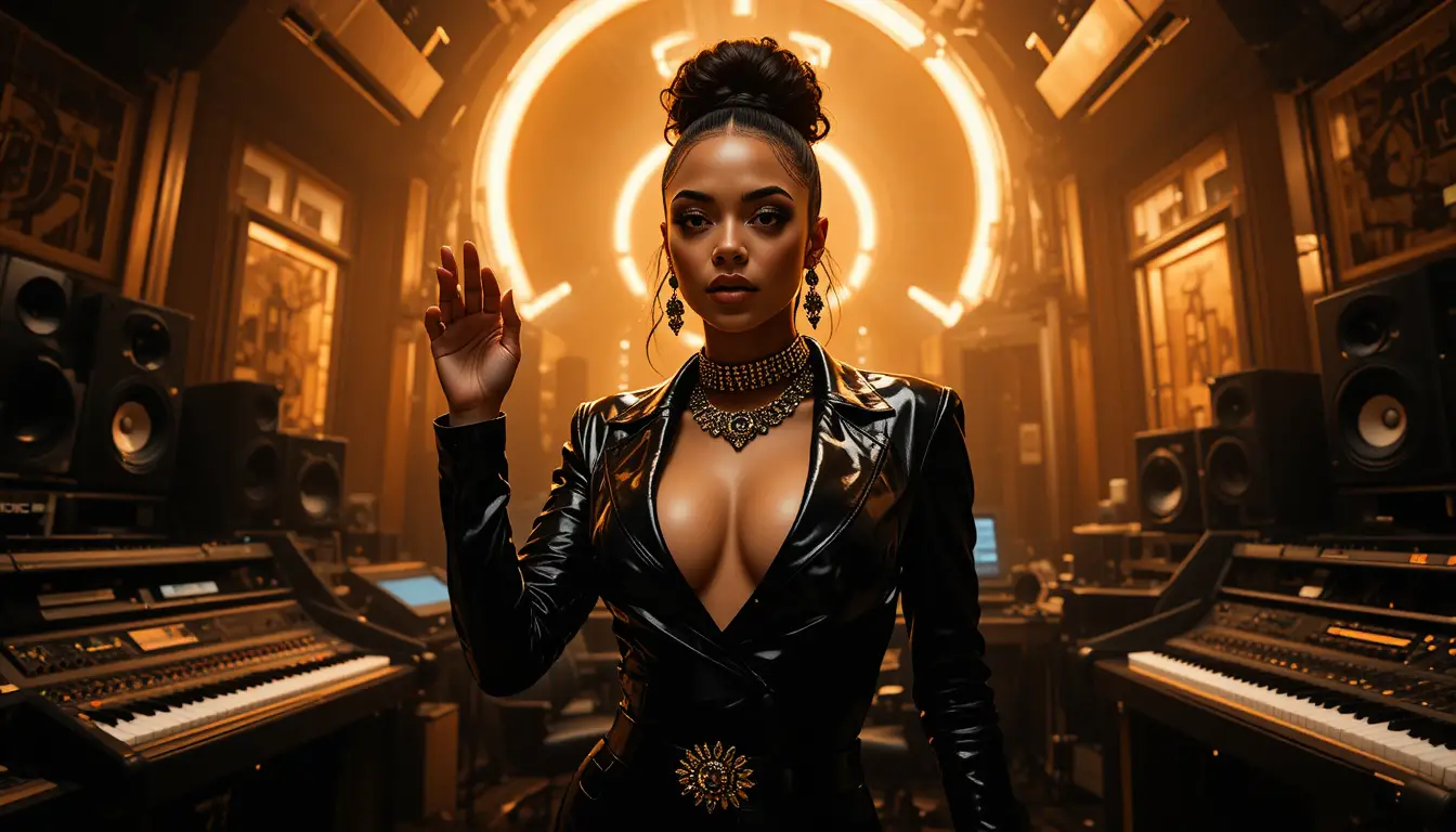 Hip hop diva commanding a golden lit recording studio