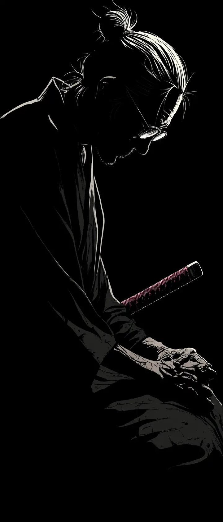 Elderly swordmaster sharpening his blade in darkness