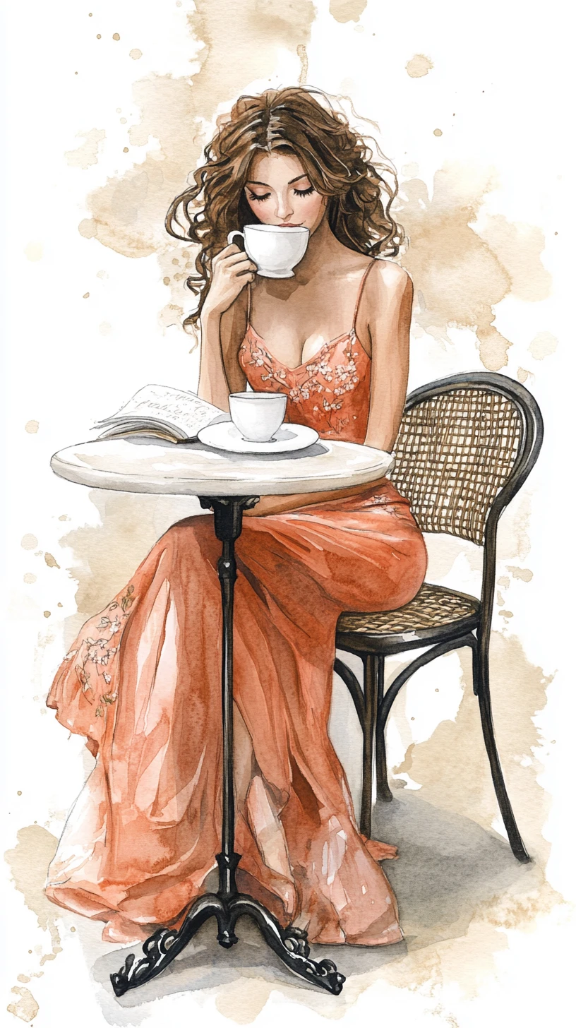 Elegante Frau liest an einem kleinen Aquarell-Café-Tisch