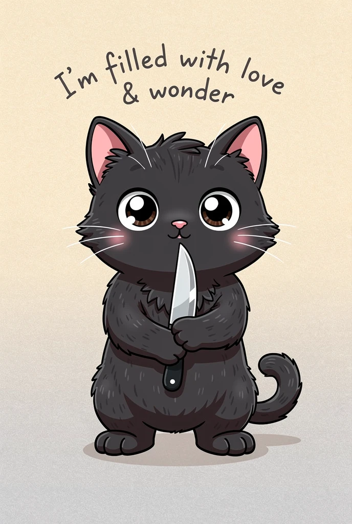 ナイフを持って立つ黒い猫のイラストと太字テキスト