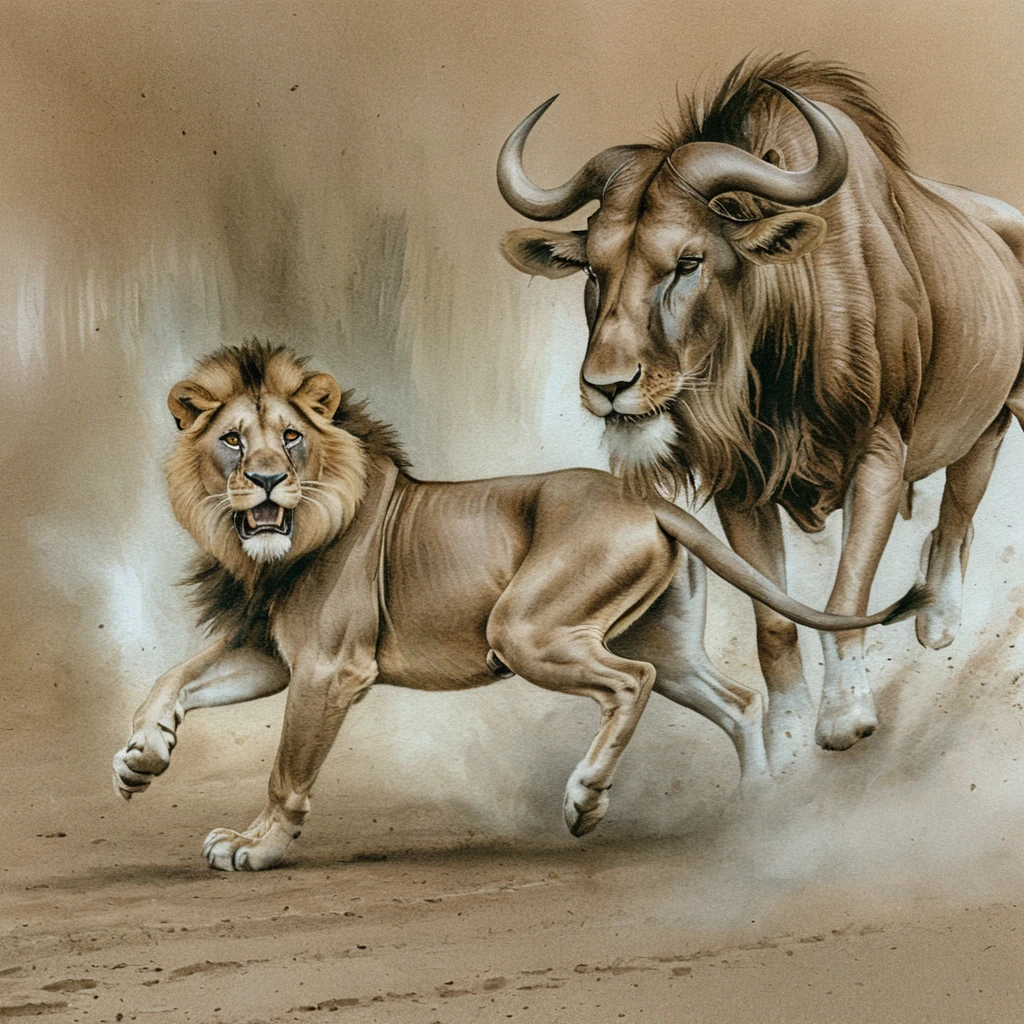 León persiguiendo ñus por la sabana polvorienta al atardecer