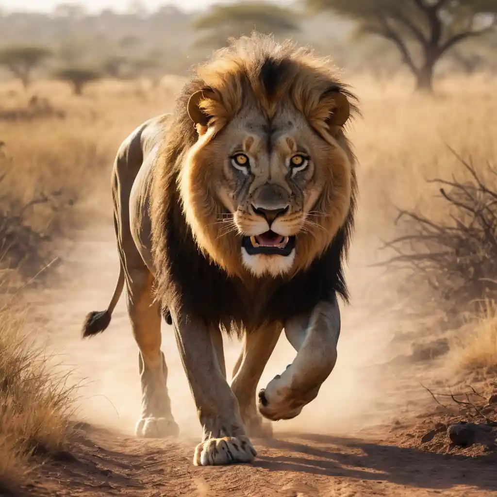 León embistiendo persigue a un ñu en la polvorienta sabana al atardecer