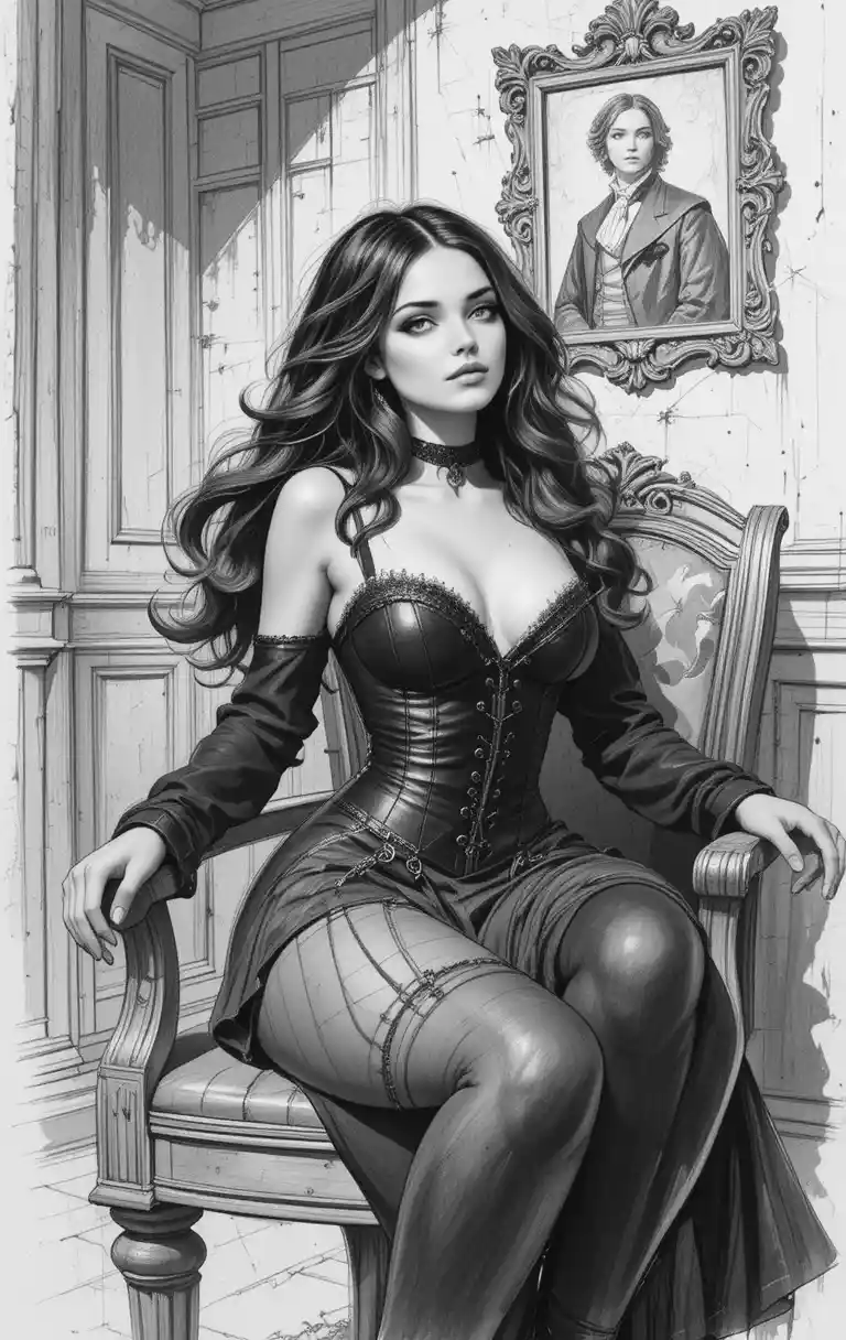 Elegante donna in bustino seduta in una stanza decadente