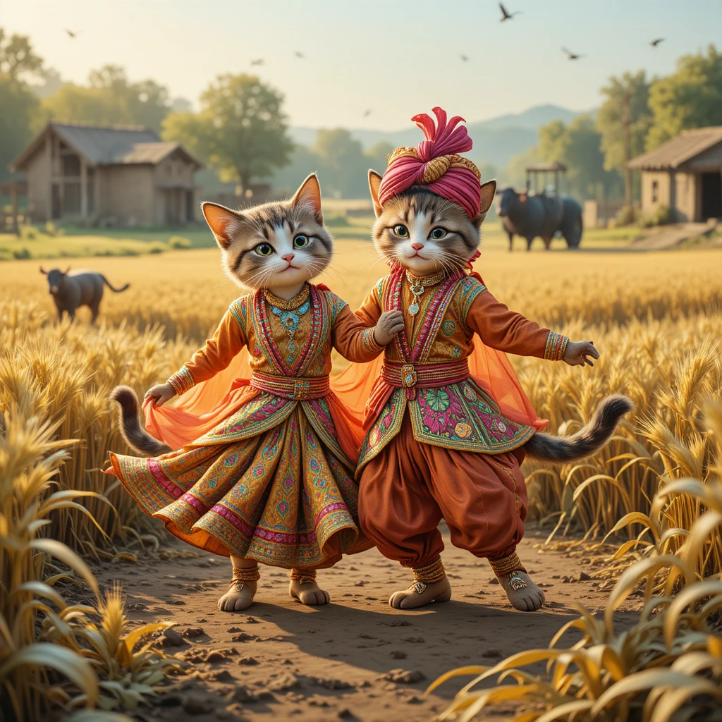 Dos gatos de dibujos animados bailando en coloridos campos de una aldea punjabí