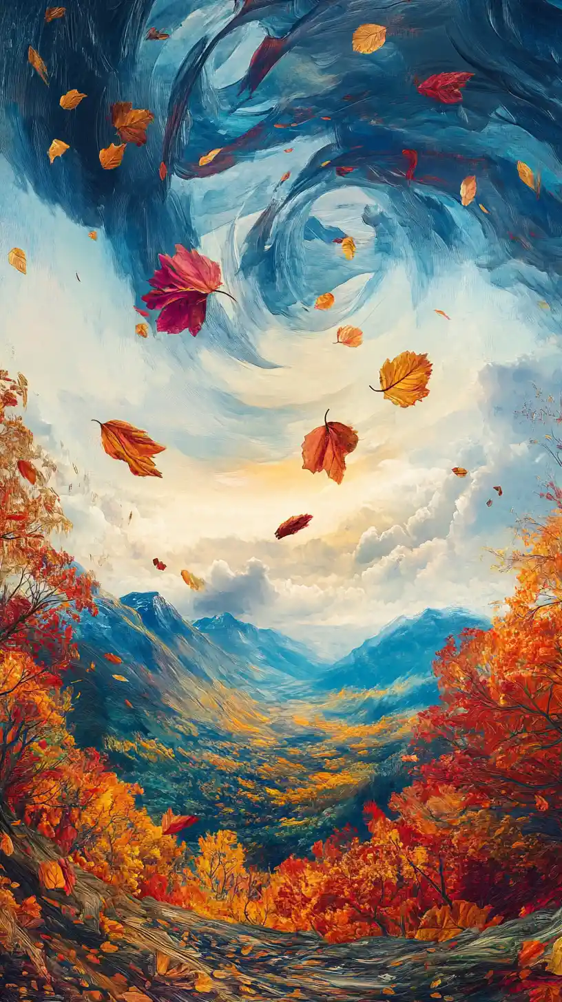 渦巻く琥珀色と深紅の葉が舞うシュールな秋の風景