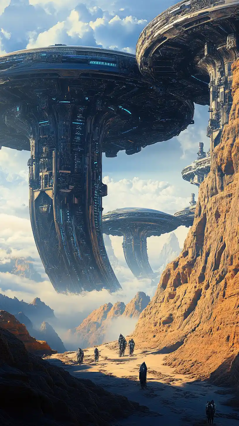 Formas de cíborg biomecánicas en un paisaje de fantasía surrealista