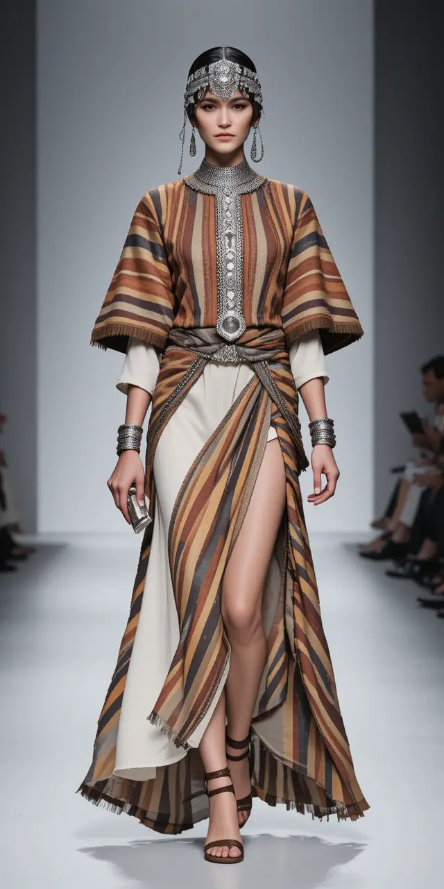 Runway model in ornate silver headpiece and striped earth tone outfit