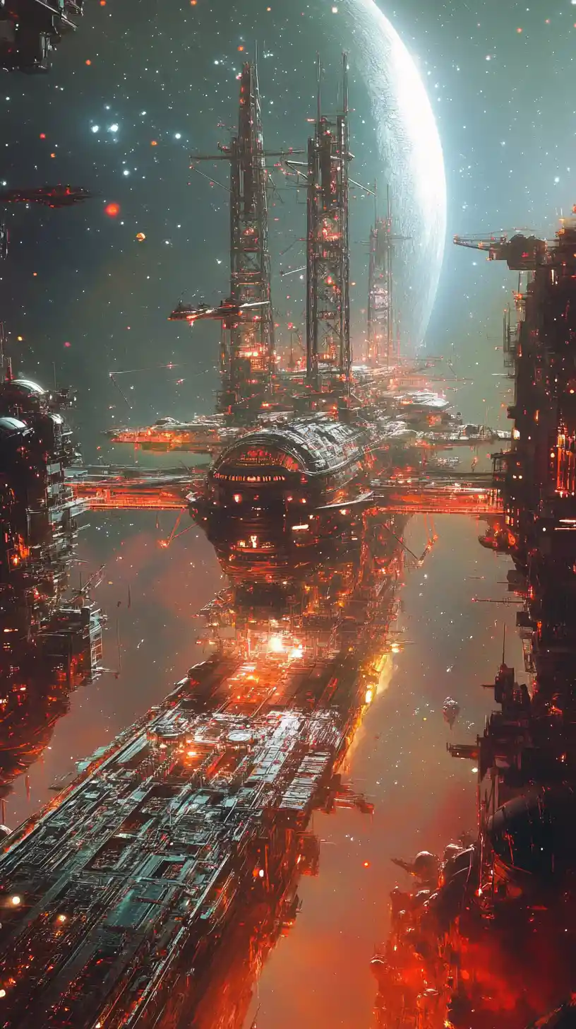Interstellar Shipyard In Asteroid Belt With Nebula Light