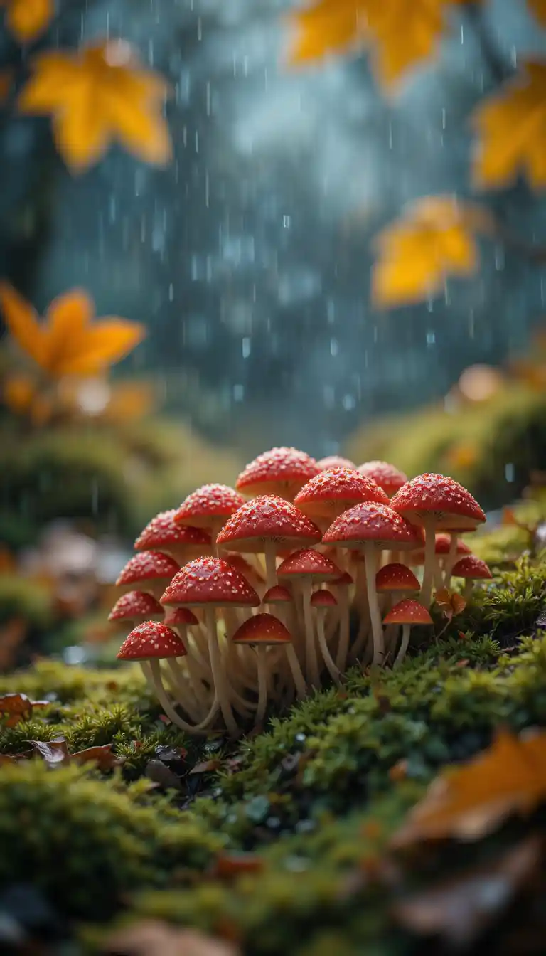 Red mushrooms in rain on lush green moss