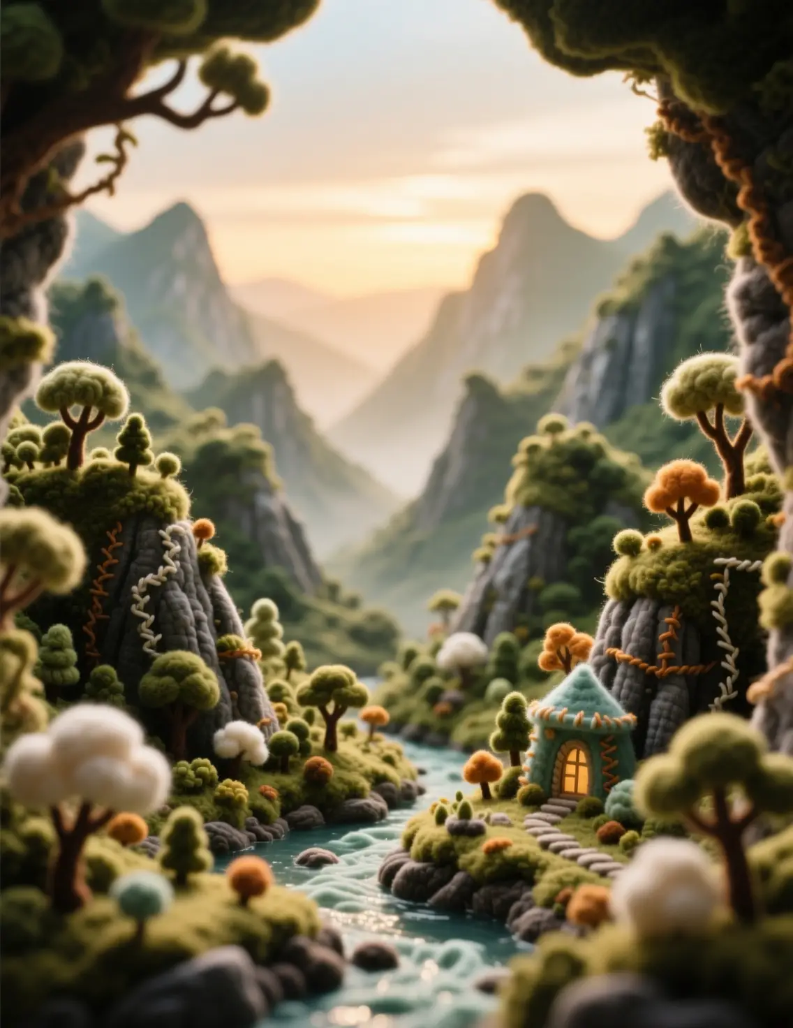 Miniature felt diorama of a serene mystical ravine landscape
