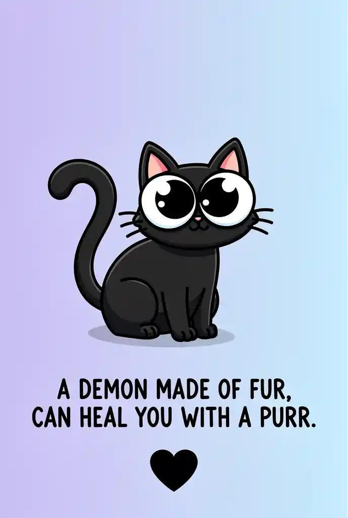 Goofy eyed black cat on pastel purple blue gradient