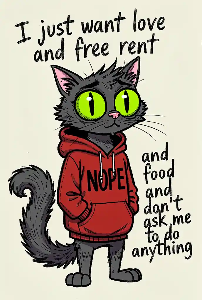 Gato caricaturesco dibujado a mano con sudadera roja y texto en negrita