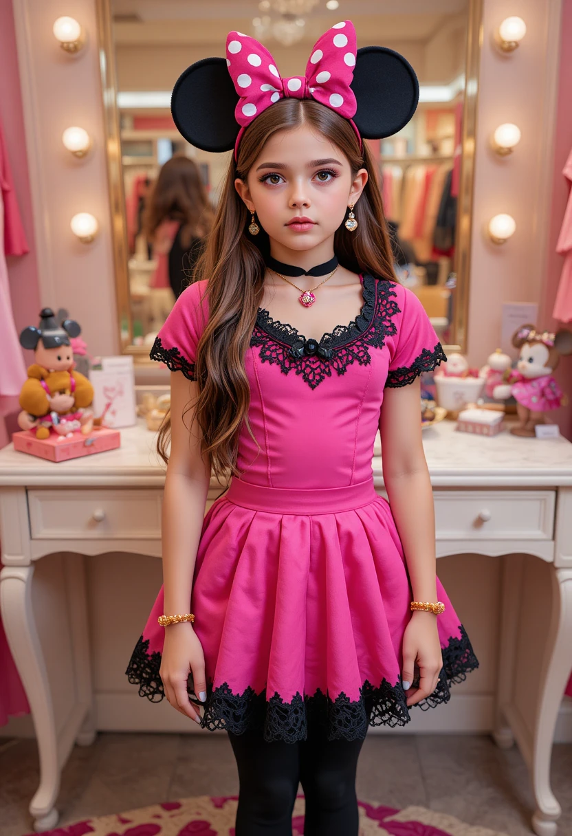 Niño tímido preadolescente disfrazado de Minnie Mouse en tocador de boutique