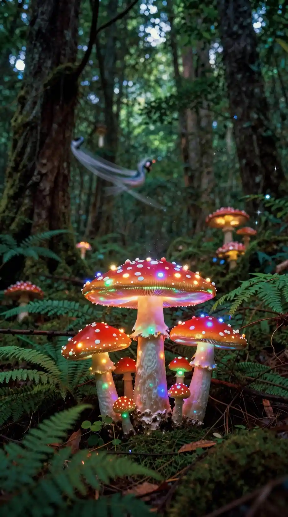 Glowing Disco Mushrooms In A Psychedelic Fantasy Forest