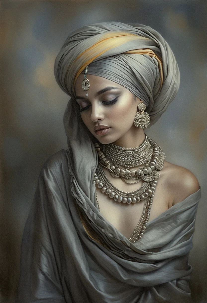 Elegant woman in turban oil portrait with serene gaze