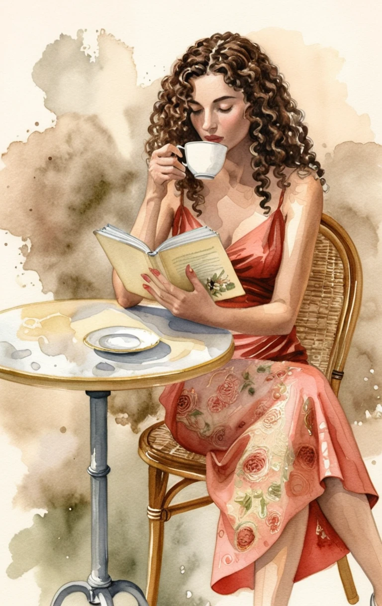 Elegante Frau liest an einem Café-Tisch in Aquarell