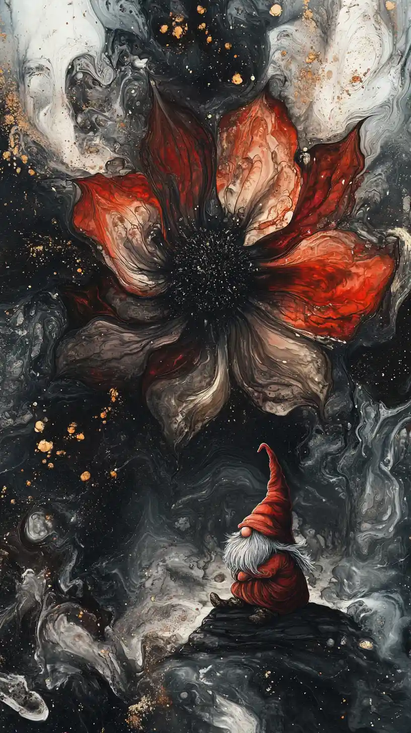 Schelmischer Gnom neben surrealer Blume im Fantasiegarten