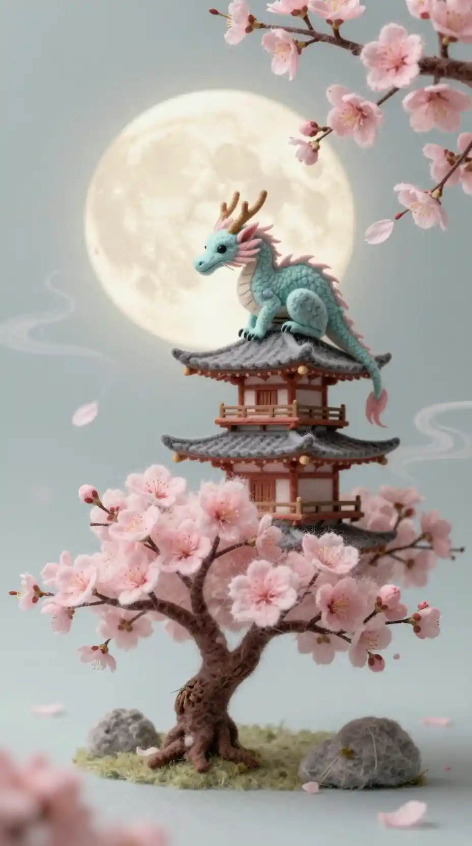 Velvet dragon guarding a pagoda under soft moonlight