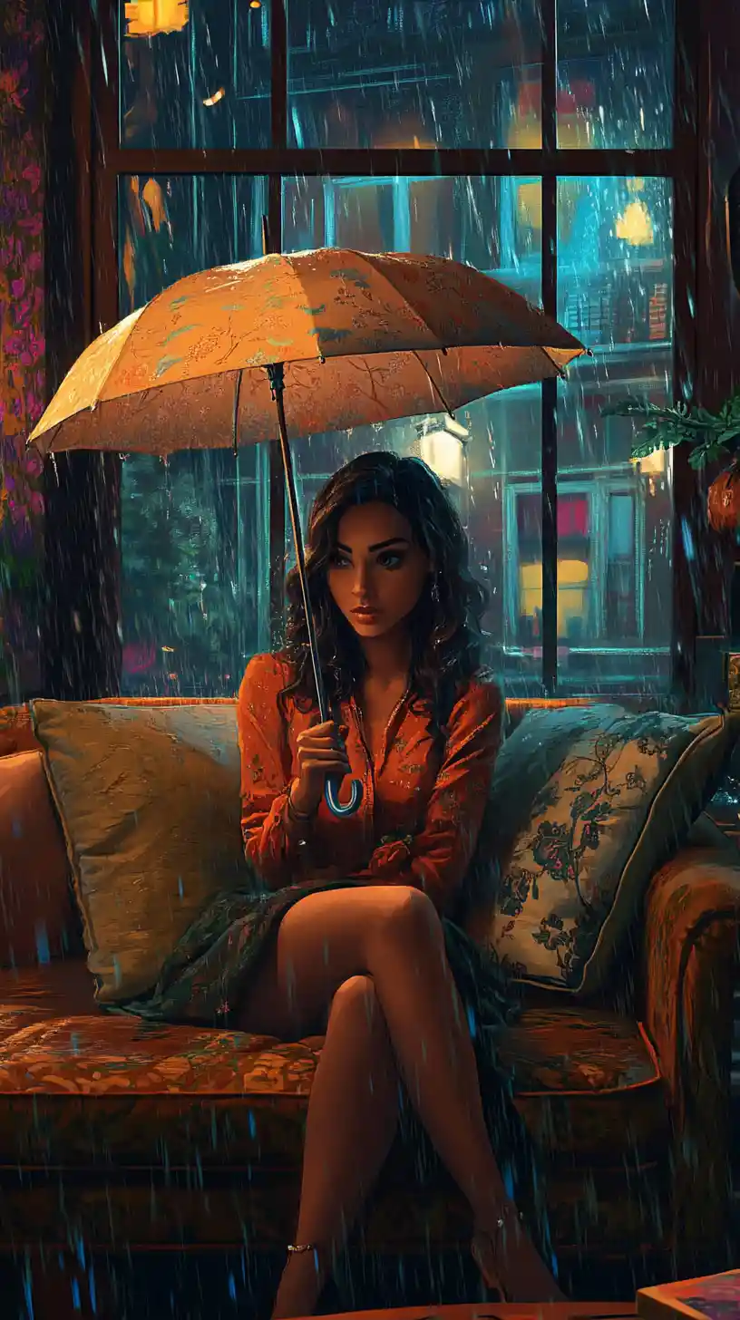 Woman On Couch Holding Umbrella Indoors In Cozy Room