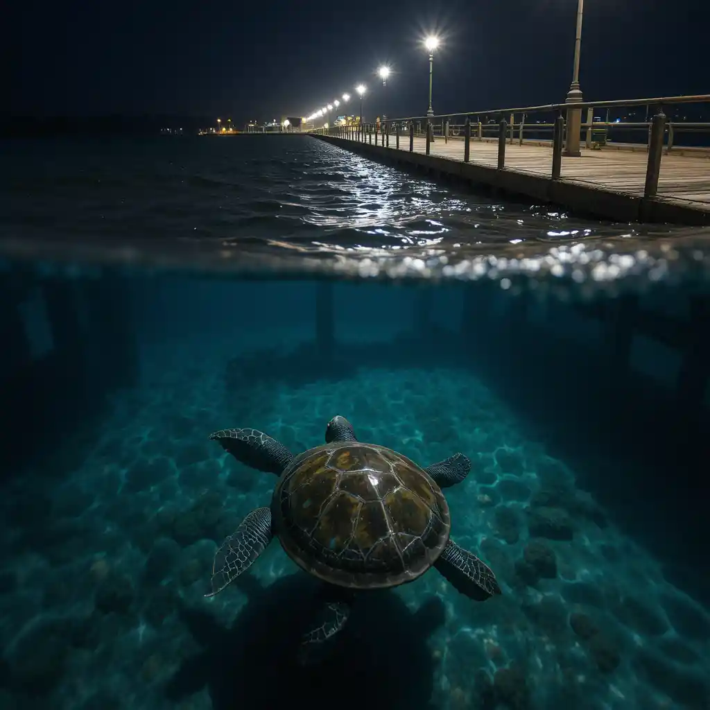 Sea turtle surfacing below a pier at night