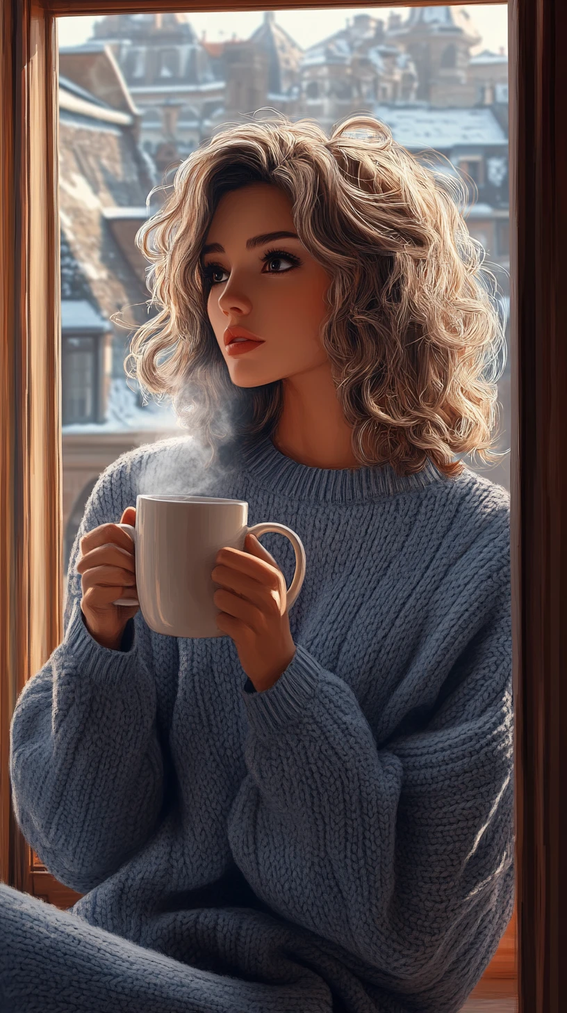 Woman on windowsill with coffee in soft morning light
