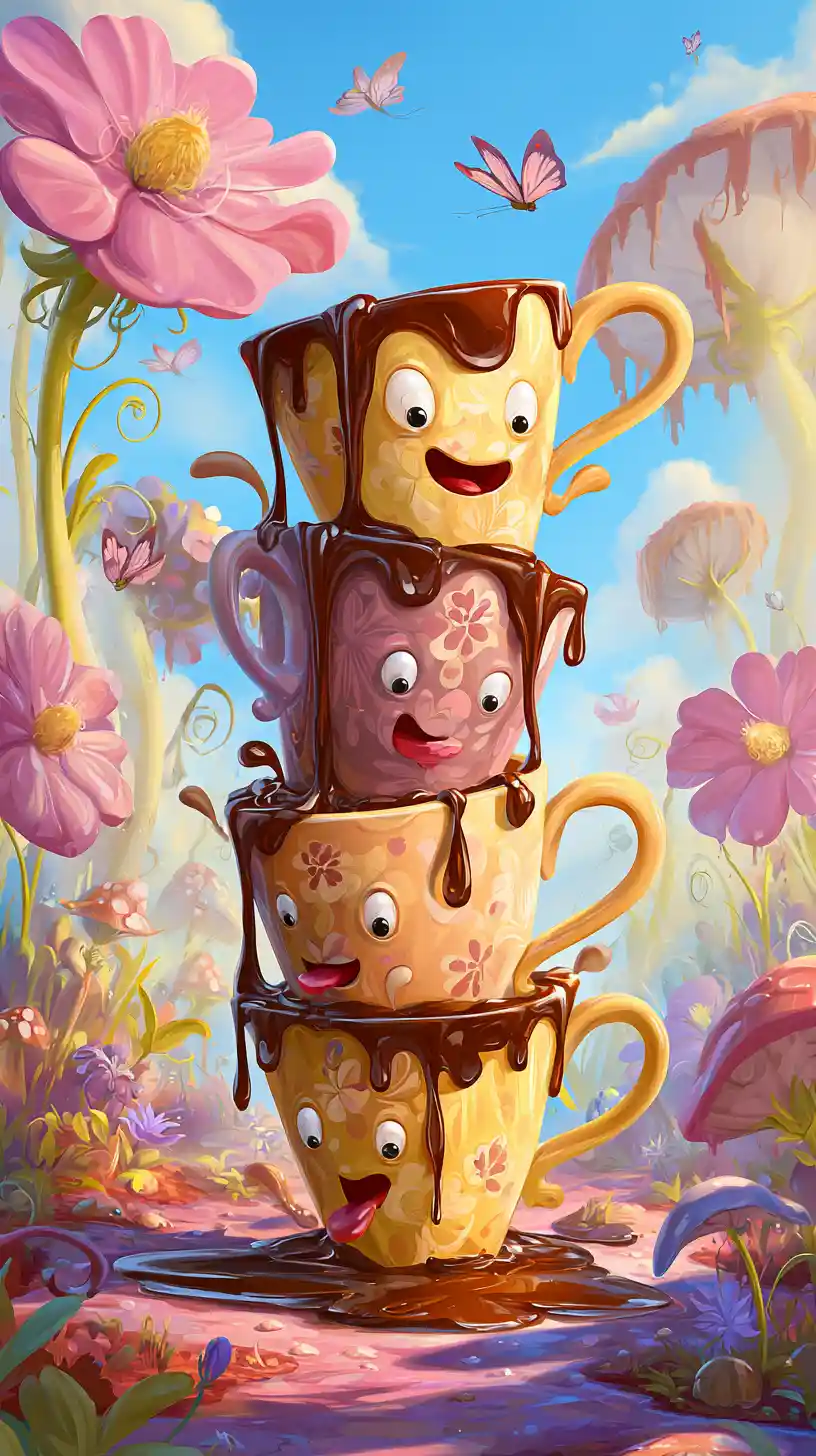 Stacked cartoon teacups spilling chocolate in a fantasy meadow