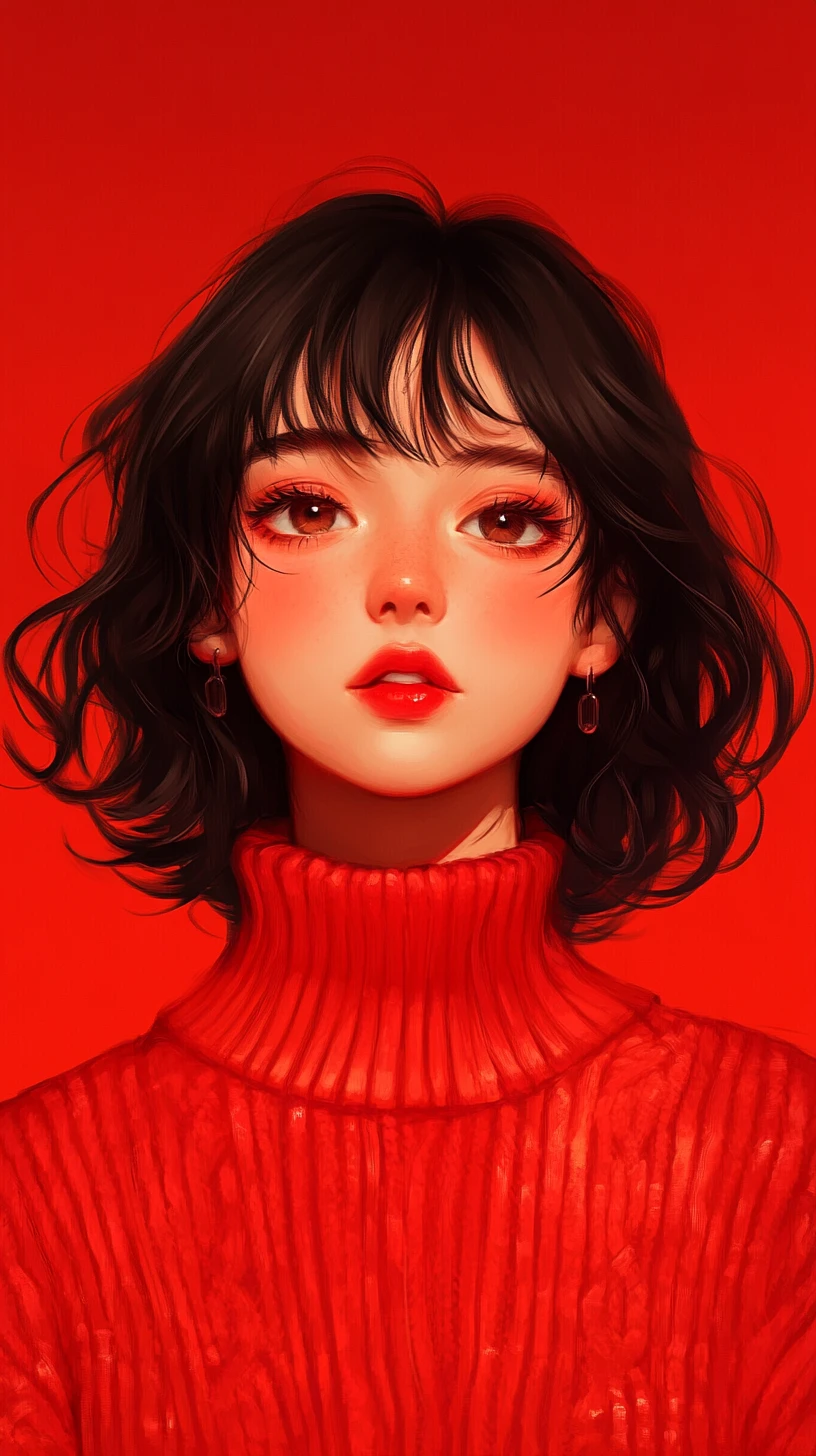 Cute anime girl portrait in red sweater on red background