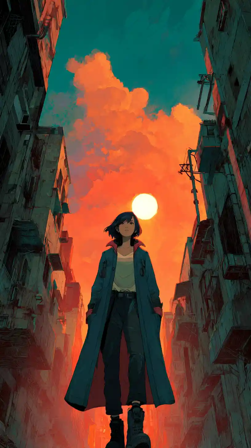 Anime-Frau, die durch eine enge urbane Gasse geht