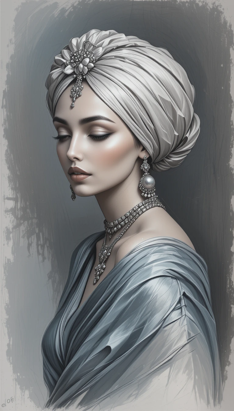 Elegante Frau mit Turban in Ölporträt und gelassenem Blick