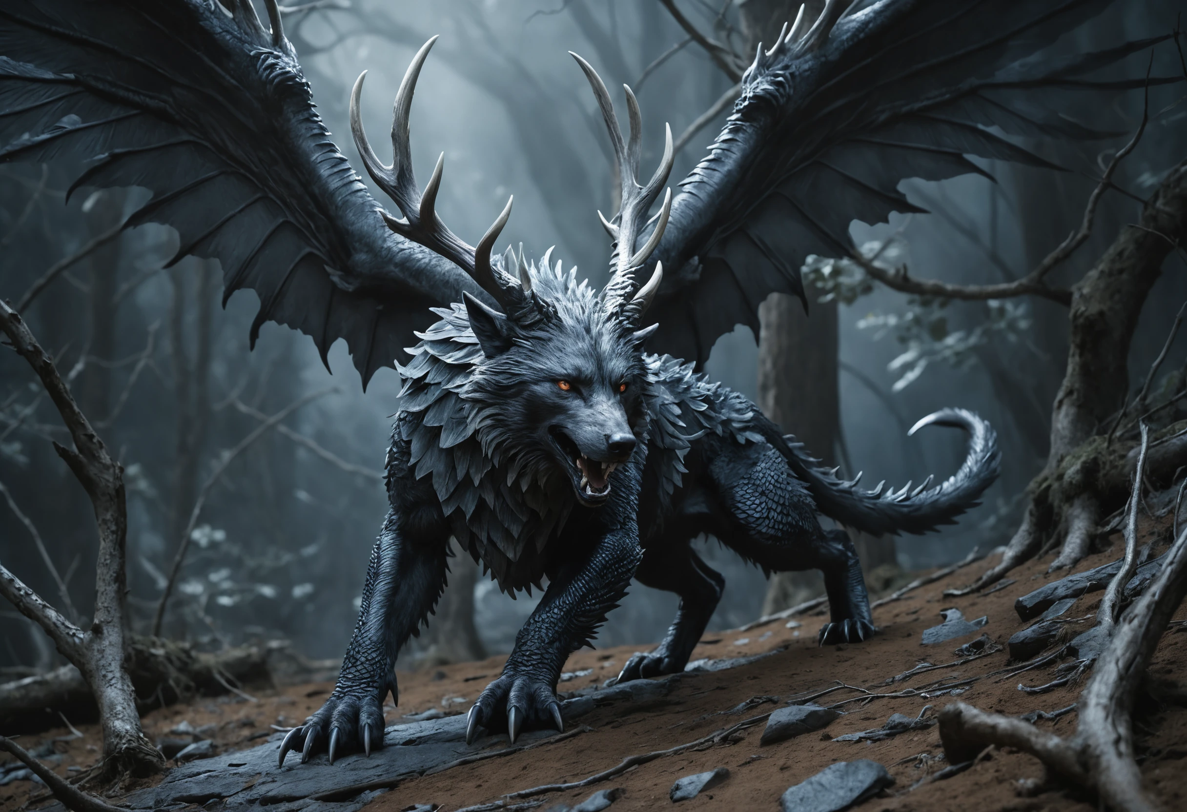 Chimera mitica lupo-drago sotto un cielo fantasy al chiaro di luna
