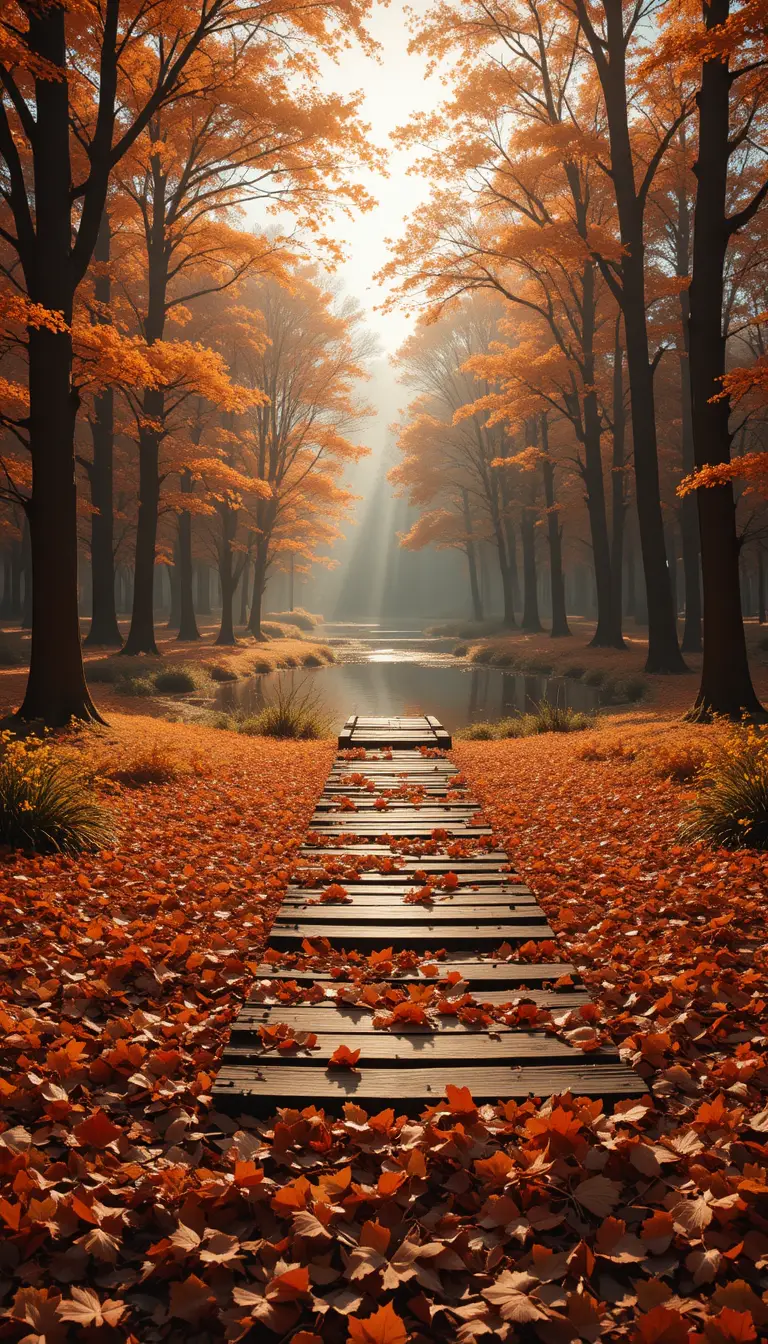 Golden autumn woodland clearing with pond and wooden pier