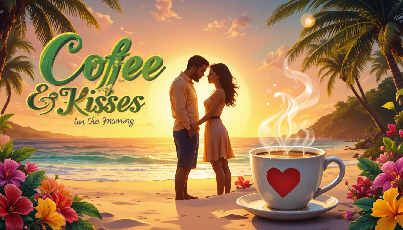 Romantisches Paar bei Sonnenaufgang mit Kaffee am tropischen Strand