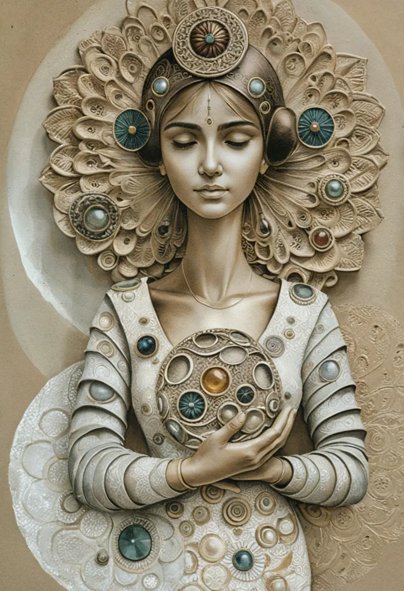 Donna serena in posa meditativa con aureola mandala ornata